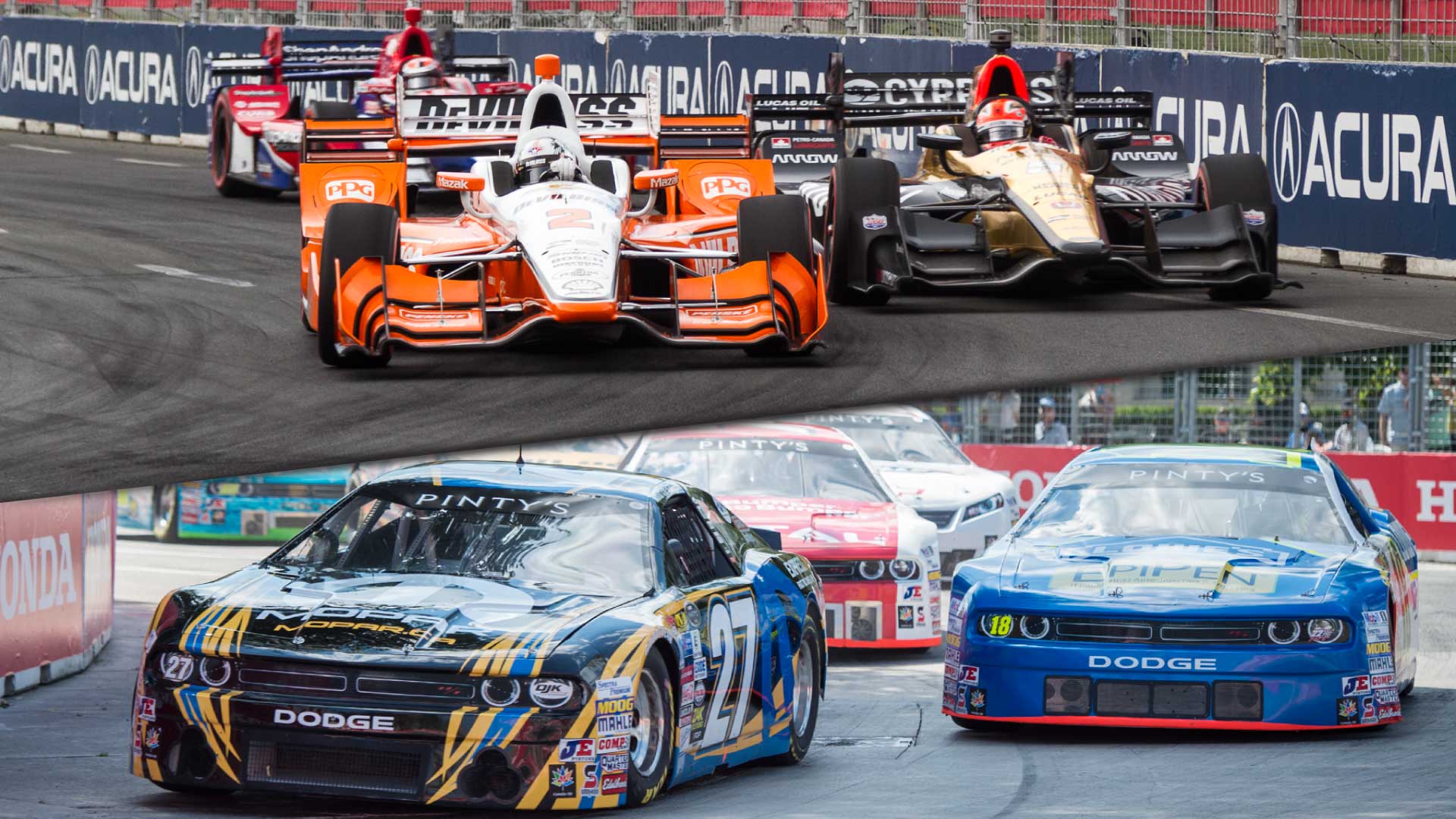 Indy Cars and NASCARS on the Honda Indy Toronto Track